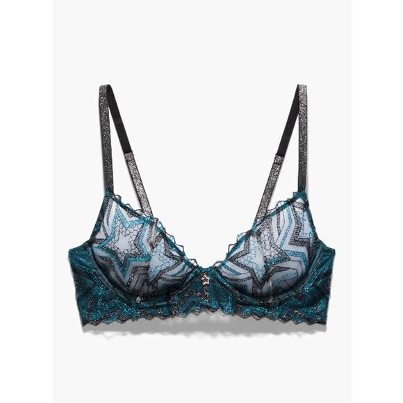 Savage X Fenty Shining Star Embroidered Unlined Demi Bra Wildflower Blue 32B - Picture 1 of 10